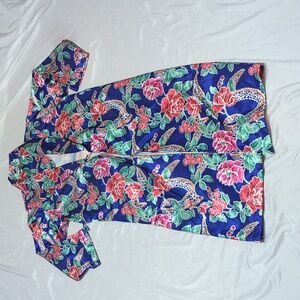 Adonna Vintage Royal Blue Satin Floral Rose Robe with Pockets READ NO BELT